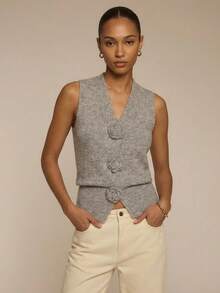 ATUI Studio Women's V-Neck 3D Floral Design Fashionable Versatile Vacation Travel Knit Vest - Grey - View 1