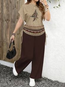 EMERY ROSE Casual Retro Bohemian Style Printed Pattern Plus Size Women Round Neck Short Sleeve Loose Pants 2 Pieces Set, Suitable For Spring And Autumn Carnival,Vacation - Multicolor - View 1
