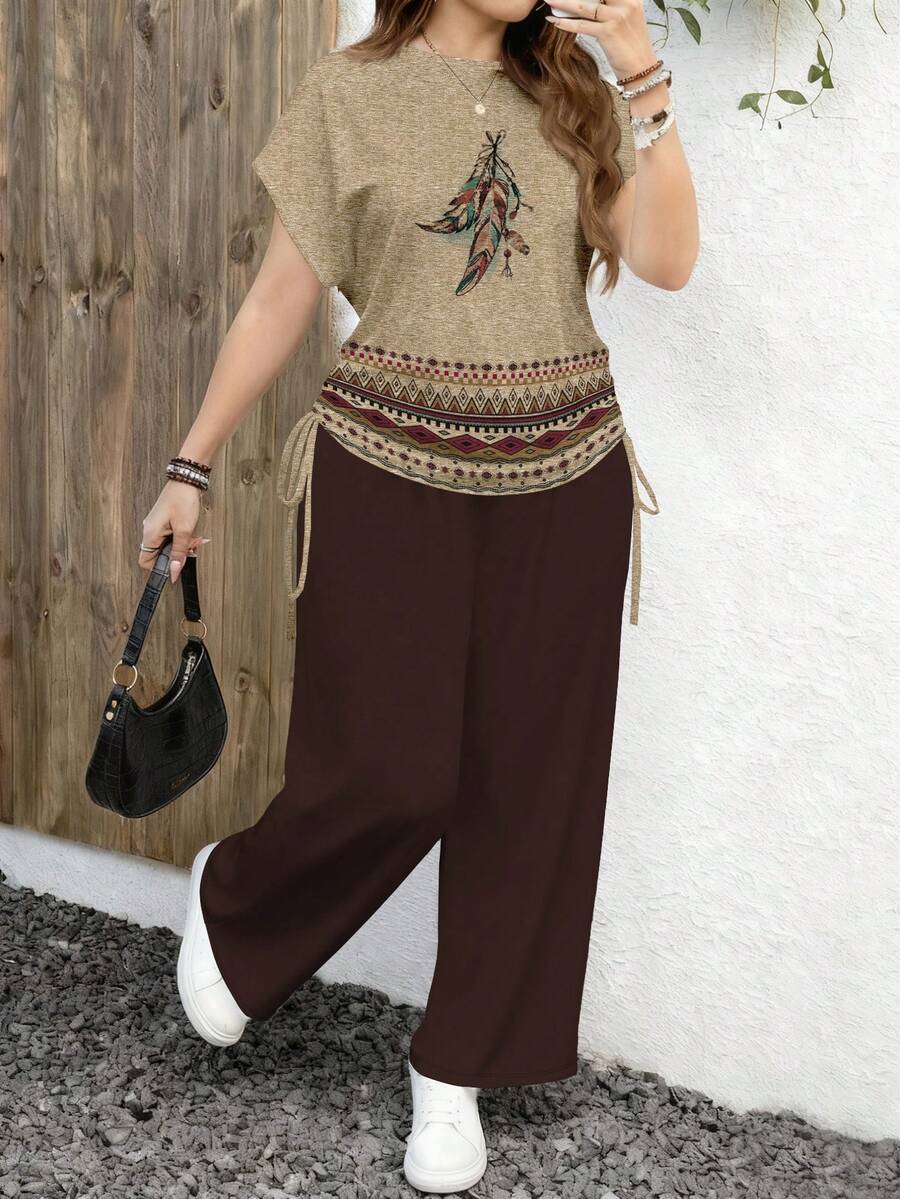 EMERY ROSE Casual Retro Bohemian Style Printed Pattern Plus Size Women Round Neck Short Sleeve Loose Pants 2 Pieces Set, Suitable For Spring And Autumn Carnival,Vacation - Multicolor - View 1