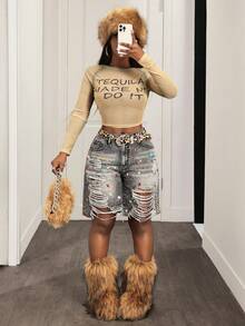 Slaydiva Women's Ripped Pocket Rhinestone Decor Casual Denim Shorts, Suitable For Street Style And Vacation Distressed Shorts Ripped Jean Short Jean Shorts Y2k - Grey - View 7