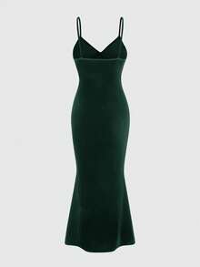 ROMWE Hippie 女士修身美人鱼下摆腰部刺绣嬉皮风天鹅绒连衣裙 - 墨綠色 - 查看 2