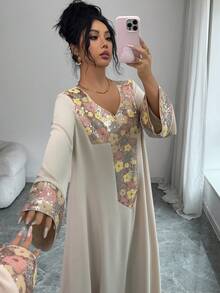 Yasmyna 女士彩色花卉亮片拼接宽松优雅阿拉伯风格连衣裙 - 彩色 - 查看 4