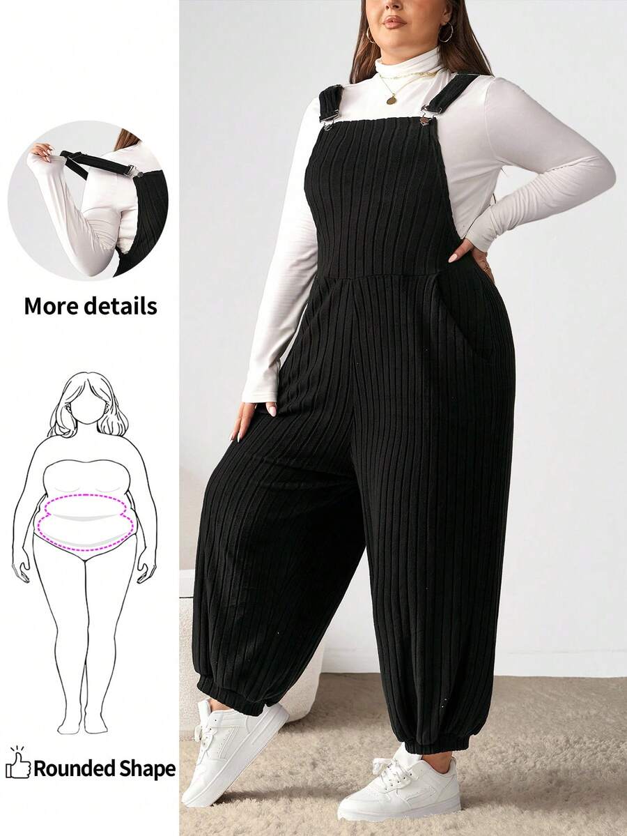 Enliva 大码灰色弹力羊毛罗纹针织背带裤，秋冬款 - 黑色 - 查看 1