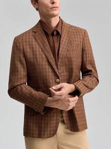 Officeau Furuyal 男士条纹单排扣长袖修身西装外套，棕色，尺码 XS-3XL，适合派对、婚礼、通勤、晚宴、商务场合 - 咖啡棕 - 查看 7