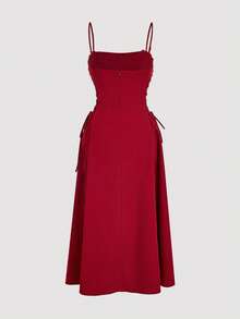 SHEIN MOD 红色约会长裙，胸部褶皱系带侧边吊带连衣裙，适合春夏、情人节、约会、婚礼季、派对等场合。 - 紅色 - 查看 5