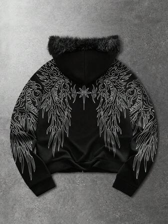 Street Life Sweat-shirt-shirt à capuche zippé à manches longues imprimé pour hommes avec col en fourrure