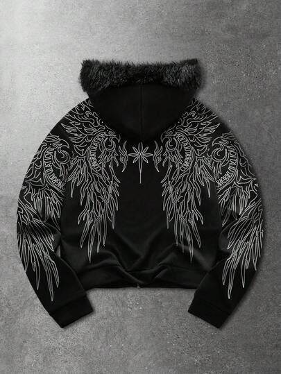 Street Life Sweat-shirt-shirt à capuche zippé à manches longues imprimé pour hommes avec col en fourrure