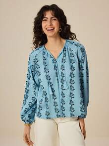 Felipe Marques Women's Floral Print Drawstring Tassel Long Sleeve Loose Top, Casual For Vacation, Party, Beach, Boho - Blue - View 4
