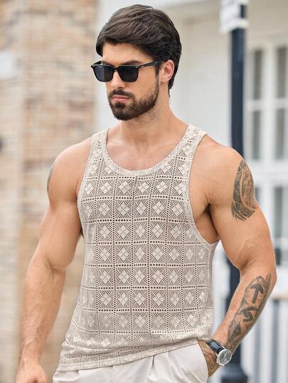 HIMLAND Camiseta sin mangas ajustada con patrón de diamantes de punto jacquard casual para hombres