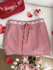 Comfortcana 大码女式时尚浪漫Y2K格子印花扭褶迷你裙，红色格纹 - 紅白色 - 查看 7