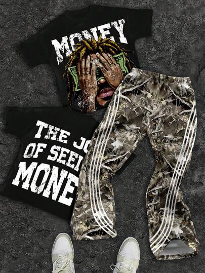 SHEIN Teenager Boys Y2K Casual Short Sleeve Top And Flared Pants Set, Streetwear Punk Rock Preppy Style For Daily, Party, Spring/Summer