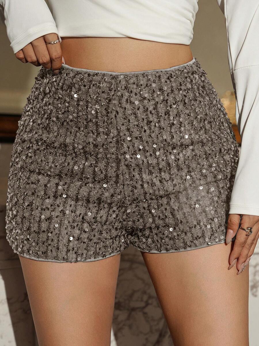 DAZY Celana Pendek Wanita Polos Pinggang Tinggi Berpayet Model Skinny untuk Karnaval - Grey - View 1