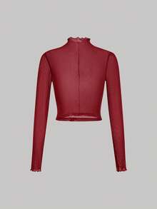 SHEIN MOD 女士荷叶边领长袖修身网纱上衣，多件装 - 酒紅色 - 查看 10