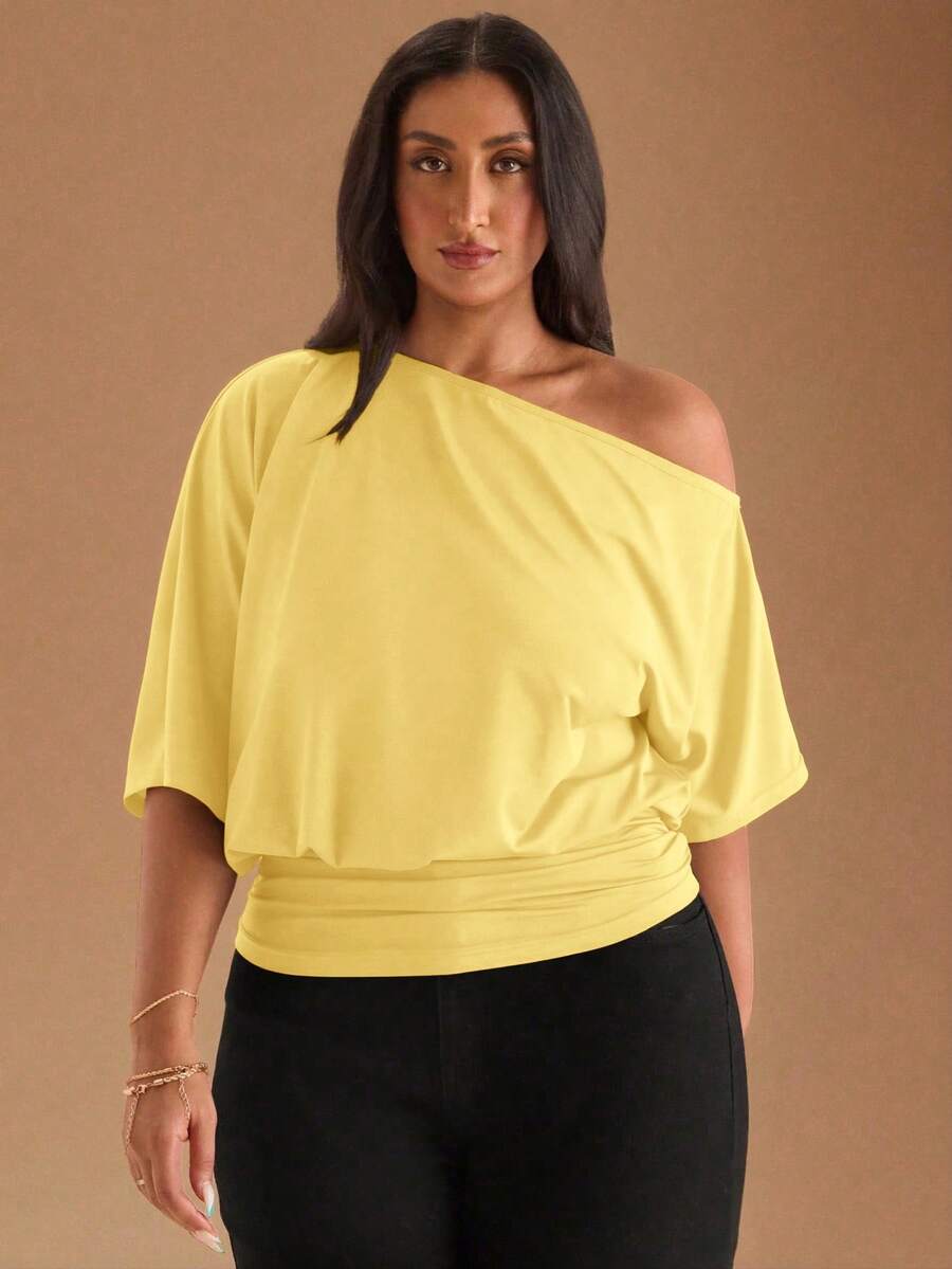 SHEIN BAE Black Casual Slash Shoulder Asymmetrical T-Shirt, Versatile For Daily Wear, Dating, Afternoon Tea, Hanging Out With Friends, All-Matching Occasions - Yellow - View 1