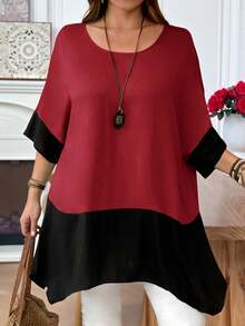 EMERY ROSE Blus Wanita Ukuran Besar Warna Burgundy dengan Jahitan Kontras, Kemeja Kasual Elegan Musim Gugur, Leher Bulat, Lengan Pendek, Longgar, Hem Asimetris, Belahan Samping, untuk Sehari-hari - Merah - View 1