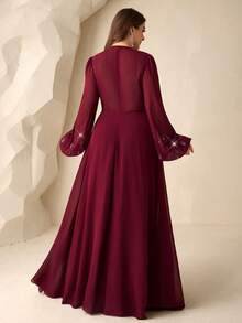 Coutiva Plus Size Women's Rhinestone Decor Lantern Sleeve Elegant Formal Evening Gown Long Sleeve Formal Dress Plus Size Dresses Burgundy Wine Dress Designer Dresses For Women Turkish Dress - Burgundy - View 2
