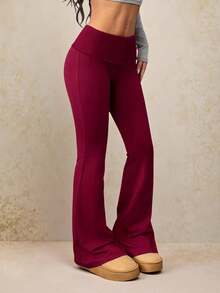 SHEIN PETITE Quần đỏ Giáng sinh dành cho nữ, ấm áp, thích hợp mặc ở nhà vào mùa thu và mùa đông, quần ống loe, quần yoga dáng suông, thích hợp cho Giáng sinh, Năm mới, Thu/Đông. - Màu Đỏ Sâu - Xem 5