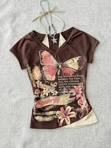 SHEIN EZwear 女士Y2K休闲时尚街头度假风标语蝴蝶印花插肩袖撞色露背修身T恤，夏季 - 棕色 - 查看 5
