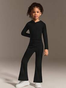 SHEIN Young Girls Black Ribbed Knit Set, Soft Pure Cotton High Stretch Rib Fabric Hoodie Outfit - Black - View 5