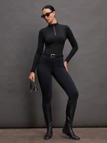 Activina 女士纯色立领半拉链修身马术夹克 - 黑色 - 查看 6