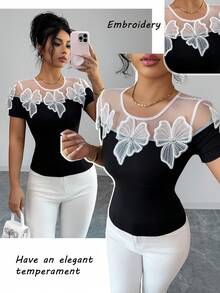Elenzga Áo thun ngắn tay thời trang nữ đính hạt hoa 3D, phối ren và lưới. - màu đen - Xem 6