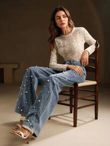 Anewsta Petite Women's High Waist Fashionable Beaded Straight Loose Wide-Leg Jeans - Blue - View 4