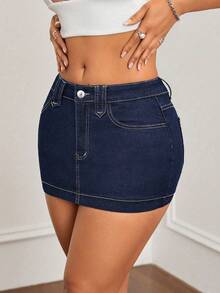 SHEIN Jeanoir Váy ngắn denim co giãn, đa năng, phong cách Y2K dành cho nữ cỡ lớn. - Rửa tối - Xem 6
