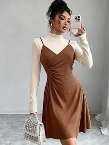 Selianne Plus Size Apricot Stand Collar Top + Suspender Dress 2 Pieces Set - Multicolor - View 1