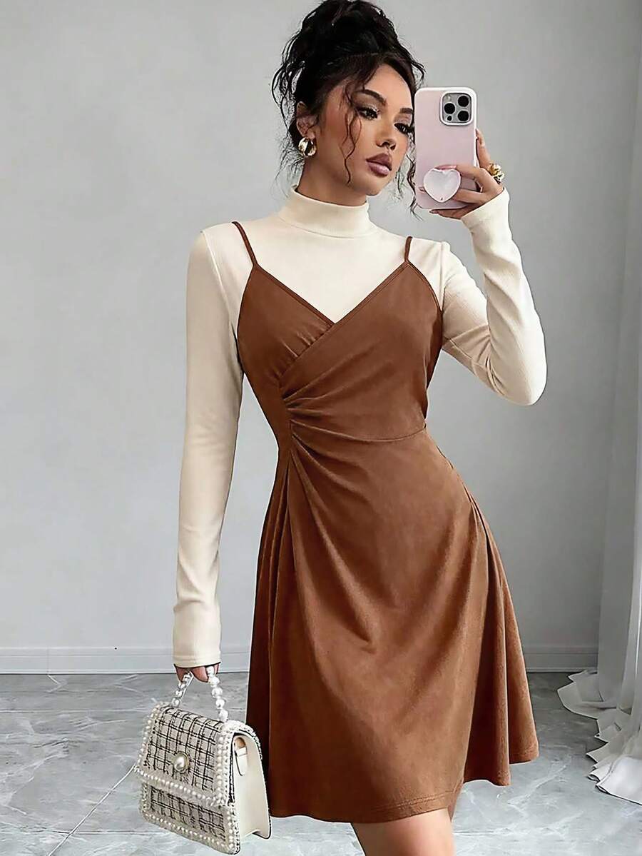 Selianne Plus Size Apricot Stand Collar Top + Suspender Dress 2 Pieces Set - Multicolor - View 1