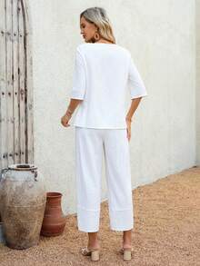 EMERY ROSE 女士休闲纯色翻领衬衫和七分裤套装，夏季 - 白色 - 查看 2