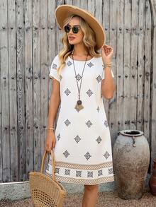 EMERY ROSE 女士夏季时尚度假印花圆领短裙 - 卡其色 - 查看 3