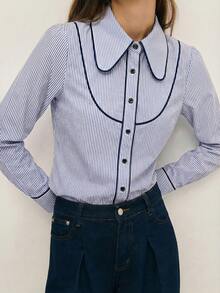 Nöista Gestreifte Bluse mit kontrastierendem Besatz und Langärmeln; stilvolle Frühlings-Outfits für Damen für elegante und Sommer-Outfits/Frühlings-Break-Outfits. Perfekt für Thanksgiving, Geburtstags-Outfits für Damen oder elegant - Blau - Übersicht 1