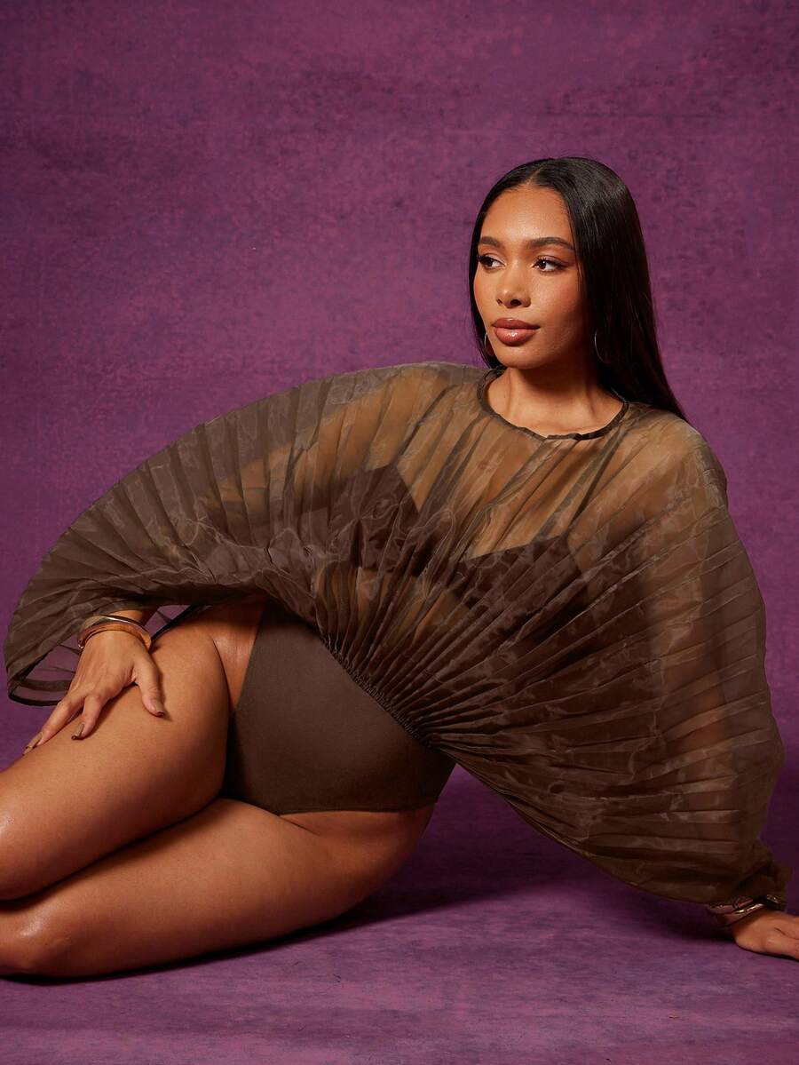 Vixey Ombre-tryckt, skir, veckad chiffongbody med draperade ärmar - Kaffebrun - Visa 1