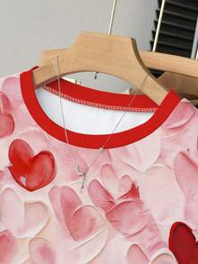 Resyla 女士爱心印花修身褶皱腰短袖T恤，返校季夏季新品 - 紅色 - 查看 4