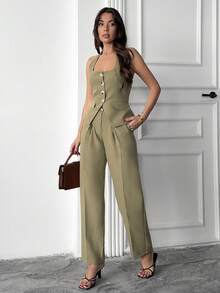 EURMUSE Summer Elegant Commuter Solid Color Backless Halter Vest & Pants Suit - Khaki - View 6