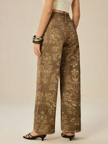 Felipe Marques Women's Floral Print Long Denim Jeans, Casual Vacation Wear For Autumn, Winter, Spring - Khaki - View 3