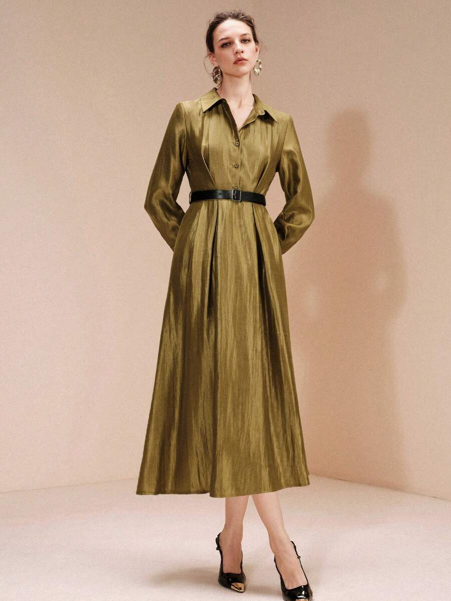 Arave New Cinched Waist V-Neck Mid-Length Dress For Women - Green - View 1