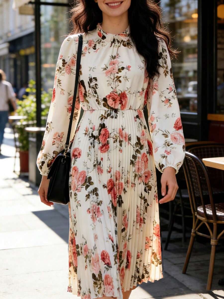 Balvessa Gaun Midi Lipit Wanita Motif Bunga Kecil dengan Ikat Pinggang - Krem - View 1