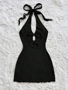 Soleia Casual Vacation Western Beach Wedding Guest Attire Graduation Brunch Women's Dress, Elegant Bohemian Tropical Strapless Backless Office Sleeveless Textured Brown Knit Mini Dress - Black - View 2