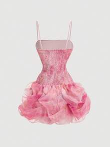 SHEIN MOD 女士碎花修身褶皱泡泡下摆欧根纱迷你连衣裙 - 彩色 - 查看 2