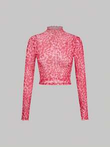 SHEIN MOD 女士荷叶边领长袖修身网纱上衣，多件装 - 酒紅色 - 查看 8