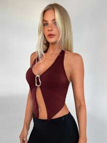 3件套 Aloruh 度假休闲吊带背心，金属扣露背不对称下摆上衣，黑/红，适合假日、约会、下午茶、度假、音乐节、波西米亚风等场合，春季女士背心，吊带上衣 - 彩色 - 查看 8