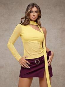 SHEIN BAE Women's Fashionable Solid Color Slim Fit One Shoulder Top, Summer - Yellow - View 6