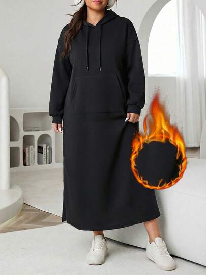 Solflare שמלת קפוצ'ון עם שרוולים ארוכים וקפוצ'ון לנשים במידות גדולות, קפוצ'ון קז'ואל, כיסים, חתך, בטנה תרמית עבה, מתאימה לסתיו/חורף