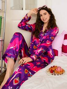 Chillnights 女士休闲撞色老虎与爱心Y2K印花翻领缎面长袖宽松舒适睡衣套装 - 紫色 - 查看 6