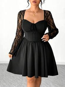 Elenzga Vestido de talla grande con mangas acampanadas, cuello en forma de corazón y cintura con lazo de unicolor - Negro - Ver 5