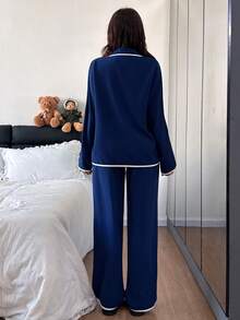 Dream Adore Women's Contrast Trim Lapel Loose Long Sleeve Pajama Set - Blue - View 2