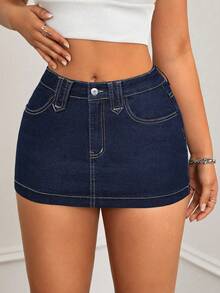 SHEIN Jeanoir Váy ngắn denim co giãn, đa năng, phong cách Y2K dành cho nữ cỡ lớn. - Rửa tối - Xem 4