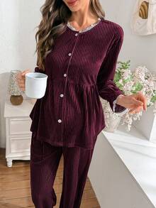 Moonlight&Mama 2pcs Maternity Velvet Crew Neck Cardigan With Lace Trim Flare Sleeve & Pants Sleepwear Set, Burgundy, Autumn/Winter - Burgundy - View 3