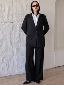 DAZY 女士商务休闲翻领双排扣长袖西装外套和直筒西裤套装 - 黑色 - 查看 6